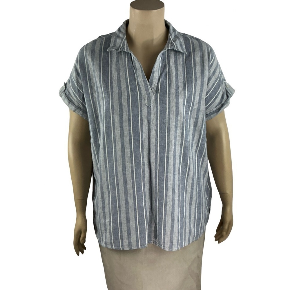 Tahari Linen Blend Blue White Striped Tunic Top Coastal Beach Size 1X